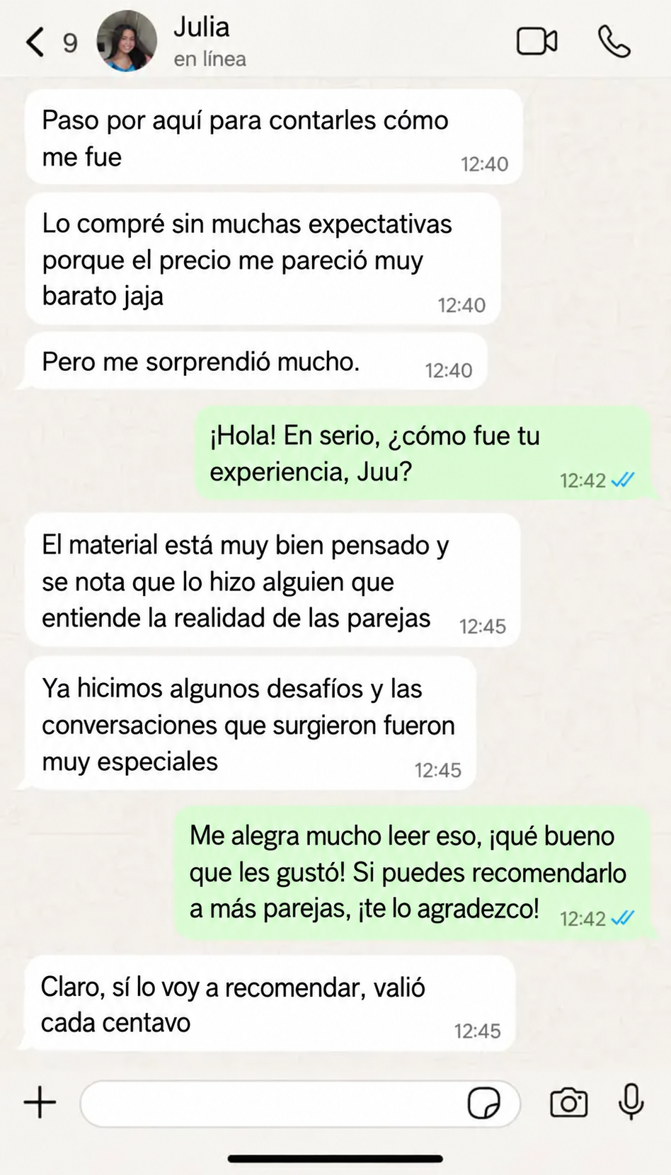 Testimonio de cliente en WhatsApp